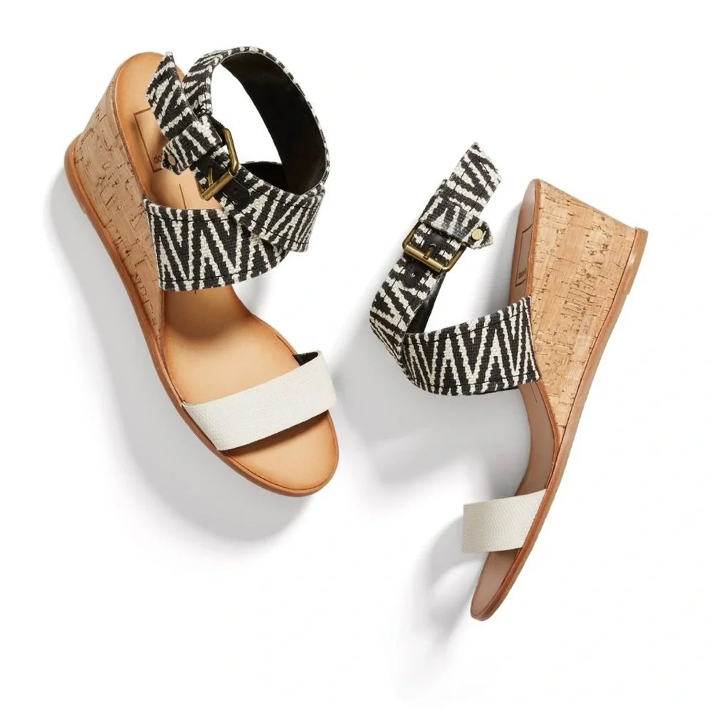 Dolce Vita Cork Wedge 2.5” Heel Ankle Buckle Strap Black & White Sandals Sz 8 - Picture 1 of 9